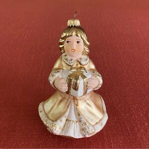 Goebel Angel w/ Present Gold Glass Christmas Ornament Original Box #LZ6952-03